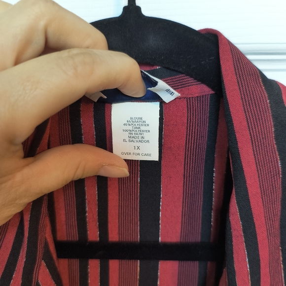 Vtg CB COLLECTIONS Top Womens 1X Striped Button up Blouse 3/4 Ruched Sleeve Red - Picture 5 of 8